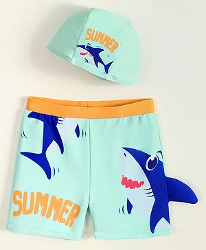 Babyhug Swimming Trunk with Cap & Sea Life Print - Sea Green