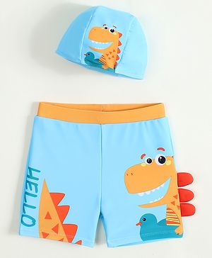 Babyhug Swimming Trunk with Cap & Dino Print - Light Blue