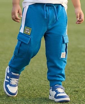 Babyhug Looper Knit Full Length Lounge Pant With Text Patch - Blue