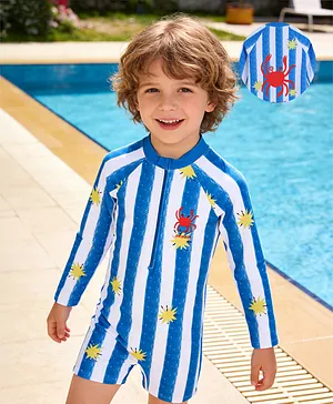 Mark & Mia Full Raglan Sleeves
                              Striped & Crab Printed Legged Swimsuit
                              - Blue