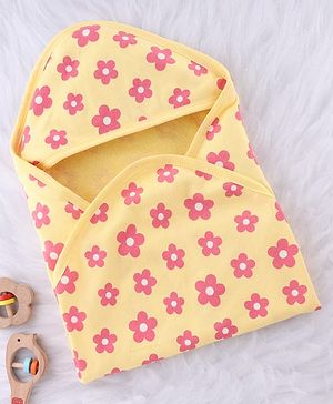 Babyhug Terry Knit Hooded Towel With Floral Print L 76 x B 76 cm - Yellow