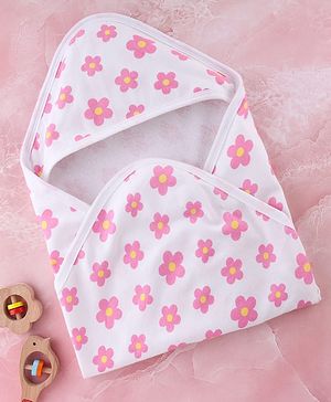 Babyhug Terry Knit Hooded Towel With Floral Print L 76 x B 76 cm - White