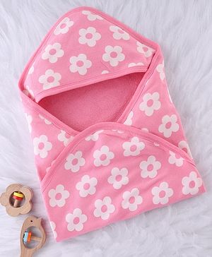 Babyhug Terry Knit Hooded Towel With Floral Print L 76 x B 76 cm - Pink