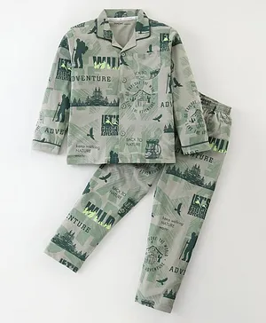 Doreme Single Jersey Knit Full
                              Sleeves Co-ord Night Suit With Adventure
                              Print - Olive Green