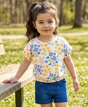 Babyhug Single Jersey Knit Half Sleeves Top & Denim Shorts Set With Floral Print - White & Blue