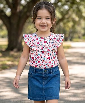 Babyhug Single Jersey Knit Frill Sleeves Top & Denim Skirt Set With Floral Print - White & Blue
