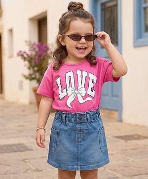 Babyhug Single Jersey Knit Half Sleeves Top & Denim Skirt Set With Love Print - Pink & Blue
