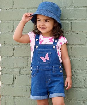 Babyhug Single Jersey Knit Half Cap Sleeves Dungaree & T-Shirt with Butterfly Print - Pink & Blue