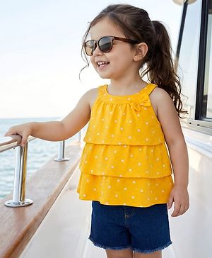 Babyhug Single Jersey Knit Sleeveless Top & Denim Shorts Set With Polka Dot Print & Bow Applique - Yellow