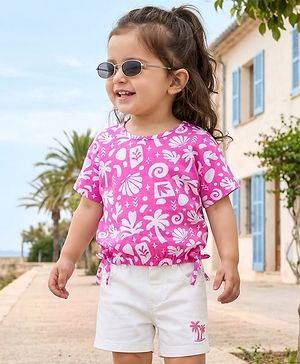 Babyhug Single Jersey Knit Half Sleeves Top & Shorts Set With Tropical Print - Pink & White