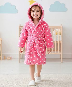 Babyhug Knit Full Sleeves Hooded Bathrobe with Polka Dot Print - Pink