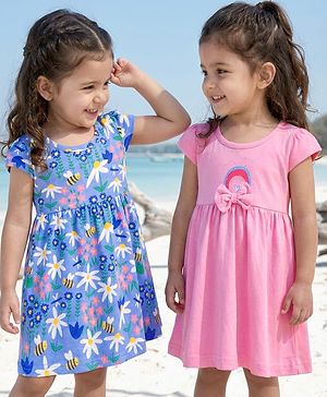 Babyhug Single Jersey Knit Cap Sleeves Frock Floral & Bees Print Pack of 2 -  Blue & Pink