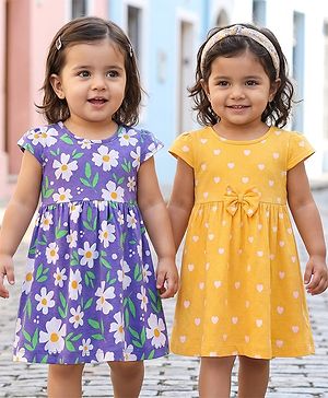 Babyhug Single Jersey Knit Cap Sleeves Heart & Floral Printed Frocks With Bow Applique Pack of 2 - Multicolor
