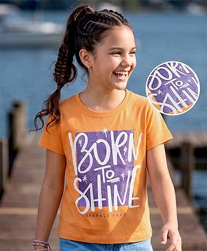 Pine Kids Cotton Knit Half Sleeves T-Shirt With Text Print - Orange