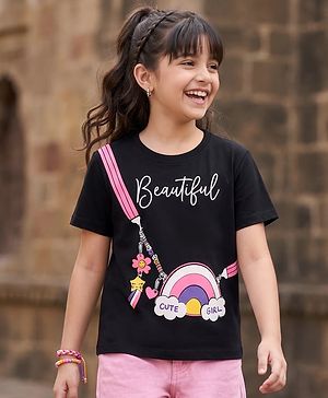 Pine Kids Cotton KnitHalf Sleeves  T-Shirt With Rainbow Bag Print - Black