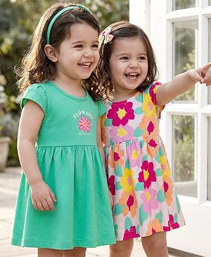 Babyhug Single Jersey Knit Cap Sleeves Frock With Floral Print Pack Of 2 - Light Green & White
