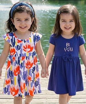 Babyhug 100% Cotton Knit Half Sleeves Floral Printed Frock With Bow Pack Of 2 - Multicolour
