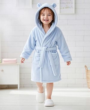 Babyhug Knit Full Sleeves Solid Color Hooded Bathrobe with Ear Applique - Light Blue