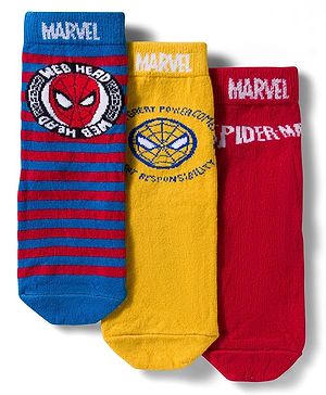 Pine Kids Marvel Non Terry Knit Ankle Length Anti Bacterial Socks With Spider-Man Graphics Pack of 3 - Red Yellow & Blue