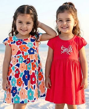 Babyhug Single Jersey Knit Cap Sleeves Frocks With Floral & Smile Print Pack of 2 - Multicolor