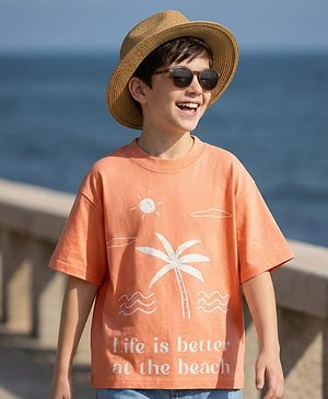 Pine Kids 100% Cotton Knit Half Sleeves Beach Theme Printed T-Shirt - Orange