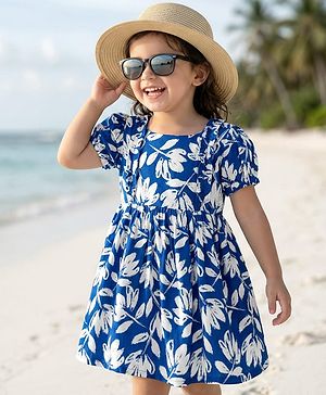 Babyhug Cotton Woven Half Sleeves Floral Printed Frock - Blue