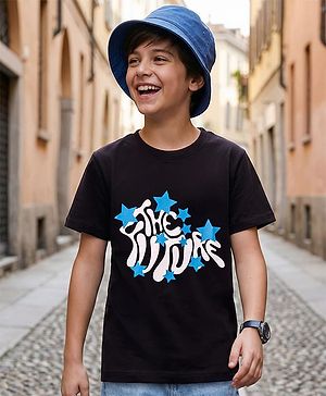 Pine Kids Cotton Knit Half Sleeves T-Shirt With Text Print - Black