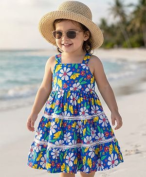 Babyhug Cotton Woven Sleeveless Frock with Floral Print - Blue