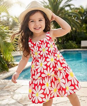 Babyhug 100% Cotton Woven Sleeveless Floral Printed Frock - Red & White