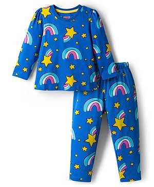 Babyhug Cotton Knit Full Sleeves Co-ord Night Suit With Rainbow Print - Blue