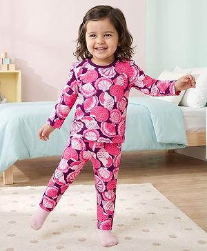 Babyhug Cotton Knit Full Sleeves T-Shirt & Pyjama Co-ord Night Suit With Seashell Print - Pink