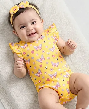 Babyhug 100% Cotton Knit Frill
                              Sleeves Onesie With Floral Print &
                              Headband - Yellow