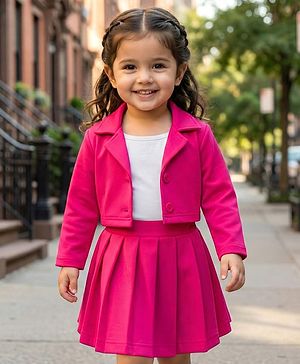 Babyhug Scuba Woven Full Sleeves Solid Jacket & Skirt With Inner Top - Dark Pink