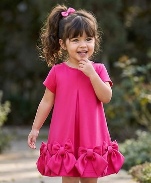 Babyhug Scuba Woven Half Sleeves Solid Party Dress With Frill Detailing & Bow Applique - Dark Pink