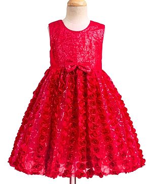 Babyhug Mesh Woven Sleeveless Party Dress With Floral Corsage & Bow Applique - Fuchsia