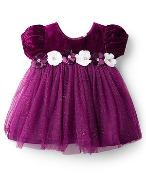 Babyhug Mesh Woven Half Puffed Sleeves Fit and Flare Party Dress With Glitter & Floral Applique - Wine