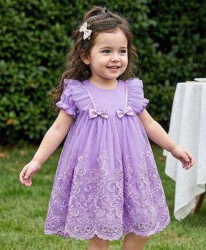 Babyhug Woven Half Puffed Sleeves Party Dress with Embroidery & Bow Applique - Lavender