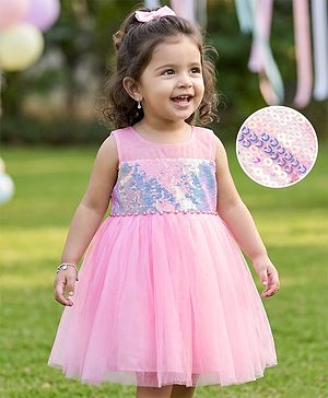 Babyhug Woven Sleeveless Party Dress with Sequin Detailing - Pink