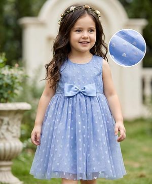 Babyhug Woven Sleeveless Swiss Dot Party Dress with Bow Applique &