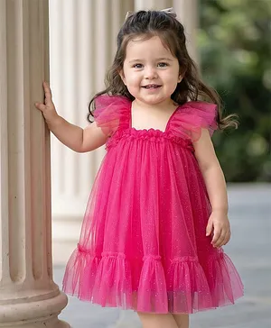 Babyhug Mesh Woven Frill Sleeves
                              Party Dress With Glitter Print - Red