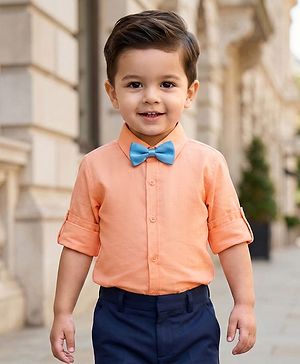 Babyhug Cotton Woven Full Sleeves Solid Color Party Shirt With Bow - Orange