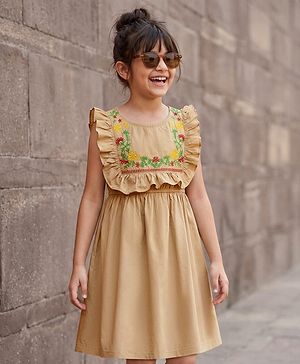 Pine Kids Cotton Woven Frill Sleeves Frock With Floral Embroidery - Tan