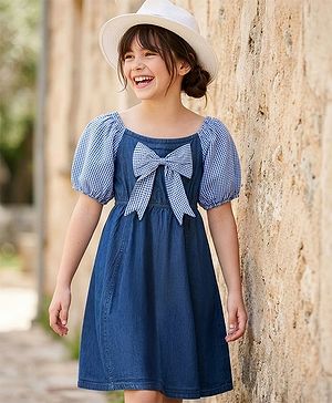 Pine Kids Cotton Woven Half Sleeves Off Shoulder Frock With Bow Applique - Blue