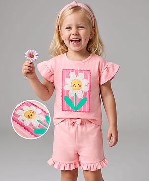 Bonfino 100% Cotton Knit Half Flutter Sleeves T-Shirt & Shorts Set With Floral Embroidery - Light Pink