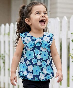 Babyhug Woven Sleeveless Floral Printed Peter Pan Collar Top - Blue