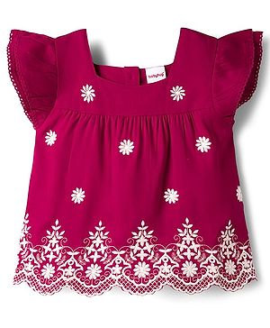 Babyhug Woven Half Sleeves Top With Floral Embroidery - Maroon