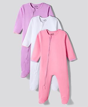 Bonfino 100% Cotton Knit Full Sleeves Solid Colour Footed Sleep Suits Pack of 3 - Pink White & Purple