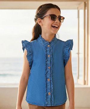Pine Kids Cotton Woven Frill Sleeves Solid Shirt Style Top - Blue