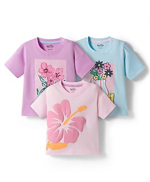 Bonfino 100% Cotton Knit Oversize Drop Shoulder Half Sleeves T-Shirt With Floral Print Pack Of 3 - Light Blue Pink & Dark Pink