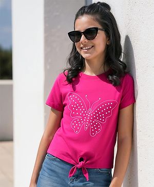 Pine Kids Cotton Knit Half Sleeves Top With Butterfly Print - Dark Pink